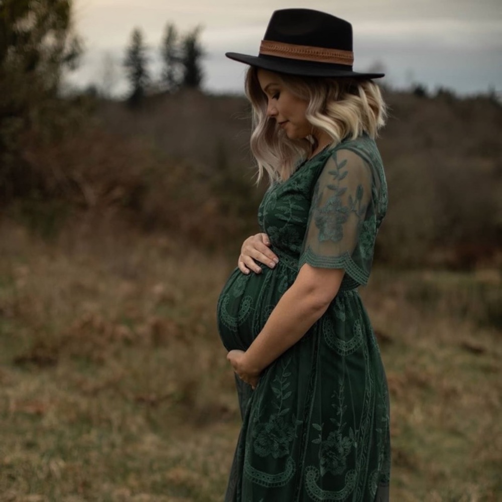 Pink Blush Forest Green Lace Maternity Dress